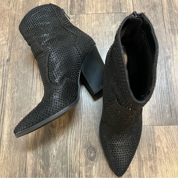 Soda Black Ankle Boots Rhinestone Studs Cowboy Booties Zipper Winter Party Eve 8 - Picture 7 of 13